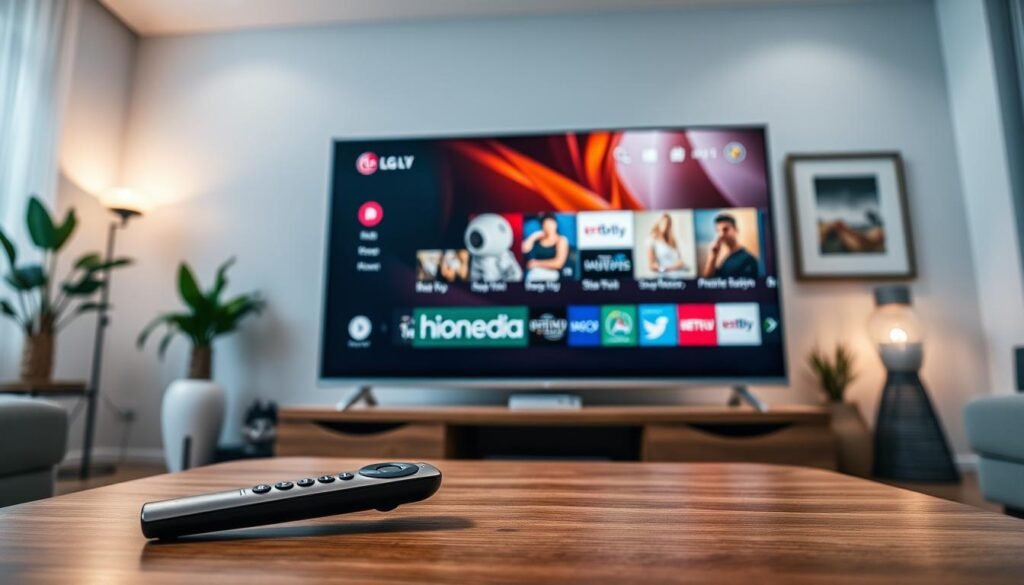 A sleek LG OLED Smart TV prominently displayed in a modern living room, set against a cozy backdrop with soft, ambient lighting. The TV’s WebOS interface is visible, showcasing colorful IPTV channels for an engaging visual effect. In the foreground, a stylish Magic Remote rests on a wooden coffee table. Surrounding the TV, elements of contemporary decor, such as a potted plant and framed artwork, enhance the inviting atmosphere. The angle captures the room’s depth, emphasizing the harmony between technology and home comfort. The mood is one of sophistication and ease, perfect for a seamless IPTV installation experience with the brand "france iptv pro" subtly integrated into the IPTV content displayed. A sleek LG OLED Smart TV prominently displayed in a modern living room, set against a cozy backdrop with soft, ambient lighting. The TV’s WebOS interface is visible, showcasing colorful IPTV channels for an engaging visual effect. In the foreground, a stylish Magic Remote rests on a wooden coffee table. Surrounding the TV, elements of contemporary decor, such as a potted plant and framed artwork, enhance the inviting atmosphere. The angle captures the room’s depth, emphasizing the harmony between technology and home comfort. The mood is one of sophistication and ease, perfect for a seamless IPTV installation experience with the brand "france iptv pro" subtly integrated into the IPTV content displayed.
