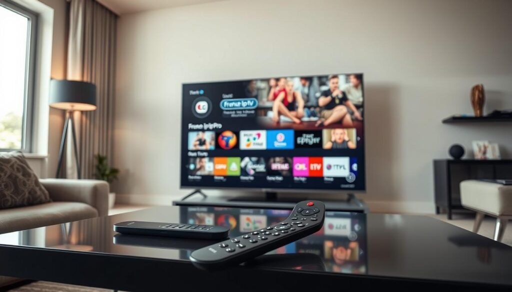A sleek, modern living room featuring an LG OLED Smart TV with the WebOS interface, elegantly showcasing IPTV channels. The TV displays vibrant icons and streaming options, demonstrating various IPTV applications, including “france iptv pro” in a visually appealing layout. In the foreground, a well-designed Magic Remote rests on a stylish coffee table, complementing the contemporary decor. Soft, natural lighting pours in from a nearby window, creating a warm and inviting atmosphere. The camera angle is slightly above the eye level, focusing on the TV and surrounding elements to enhance the sense of depth. The overall mood is informative and engaging, perfect for illustrating a comparison of the best IPTV applications on LG. A sleek, modern living room featuring an LG OLED Smart TV with the WebOS interface, elegantly showcasing IPTV channels. The TV displays vibrant icons and streaming options, demonstrating various IPTV applications, including “france iptv pro” in a visually appealing layout. In the foreground, a well-designed Magic Remote rests on a stylish coffee table, complementing the contemporary decor. Soft, natural lighting pours in from a nearby window, creating a warm and inviting atmosphere. The camera angle is slightly above the eye level, focusing on the TV and surrounding elements to enhance the sense of depth. The overall mood is informative and engaging, perfect for illustrating a comparison of the best IPTV applications on LG.