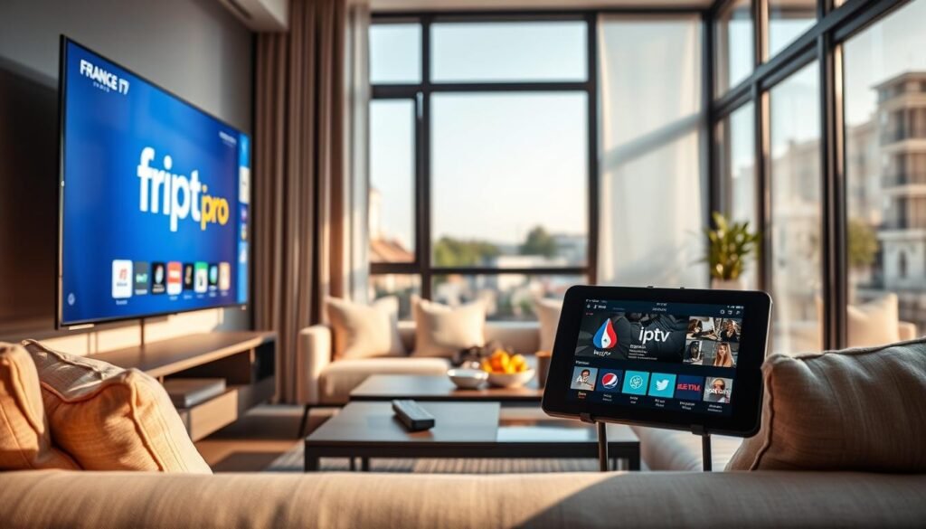 A sleek, modern living room setting, illuminated by soft, natural light streaming through large windows. In the foreground, a stylish television displaying the logo "france iptv pro" on the screen, showcasing vibrant content options. A comfortable sofa with neatly arranged throw pillows invites viewers to relax. In the middle ground, a coffee table is adorned with a remote control, snacks, and a tablet displaying a streaming app interface, emphasizing the convenience of IPTV services. The background reveals a subtle, urban view, suggesting a tech-savvy environment. The mood is upbeat and informative, reflecting the clarity and trust of legal IPTV services. The composition captures a harmonious blend of technology and lifestyle, appealing to viewers interested in discerning legal IPTV options. A sleek, modern living room setting, illuminated by soft, natural light streaming through large windows. In the foreground, a stylish television displaying the logo "france iptv pro" on the screen, showcasing vibrant content options. A comfortable sofa with neatly arranged throw pillows invites viewers to relax. In the middle ground, a coffee table is adorned with a remote control, snacks, and a tablet displaying a streaming app interface, emphasizing the convenience of IPTV services. The background reveals a subtle, urban view, suggesting a tech-savvy environment. The mood is upbeat and informative, reflecting the clarity and trust of legal IPTV services. The composition captures a harmonious blend of technology and lifestyle, appealing to viewers interested in discerning legal IPTV options.