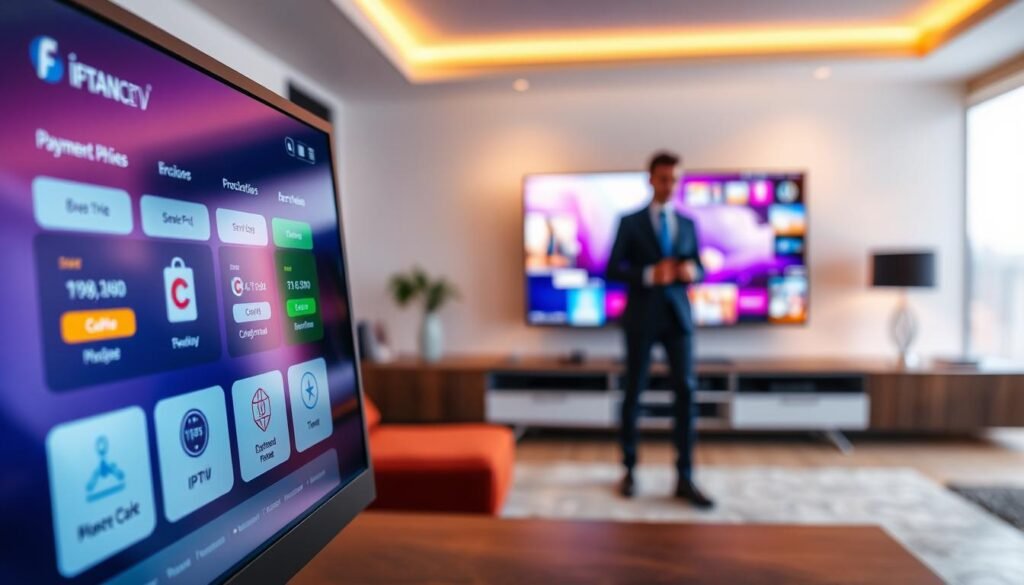 A visually engaging scene showcasing a modern digital payment interface for IPTV subscriptions, emphasizing secure payment options. In the foreground, a close-up of a computer screen displaying the interface of "france iptv pro" with attractive pricing plans and payment symbols like credit cards and secure payment icons. The middle ground features a blurred image of a user in professional attire, interacting with the interface, symbolizing trust and professionalism. In the background, a sleek, high-tech living room with a large smart TV displaying vibrant IPTV content, softly illuminated by warm lighting to create an inviting atmosphere. The overall mood is informative and professional, with a focus on security and affordability in IPTV services. A visually engaging scene showcasing a modern digital payment interface for IPTV subscriptions, emphasizing secure payment options. In the foreground, a close-up of a computer screen displaying the interface of "france iptv pro" with attractive pricing plans and payment symbols like credit cards and secure payment icons. The middle ground features a blurred image of a user in professional attire, interacting with the interface, symbolizing trust and professionalism. In the background, a sleek, high-tech living room with a large smart TV displaying vibrant IPTV content, softly illuminated by warm lighting to create an inviting atmosphere. The overall mood is informative and professional, with a focus on security and affordability in IPTV services.