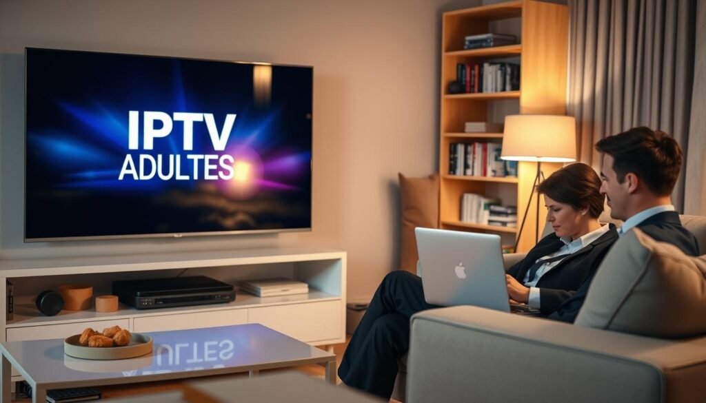 A cozy living room scene featuring a modern television screen displaying a streaming interface for "IPTV FRANCE ADULTES". In the foreground, a sleek entertainment console is adorned with a few decorative items. A person, dressed in professional business attire, sits comfortably on a stylish sofa, focused on the screen while using a laptop. Soft, ambient lighting from a floor lamp casts a warm glow throughout the room, creating an inviting atmosphere. In the background, a bookshelf with neatly arranged books adds a touch of sophistication. The angle captures the interplay of light and shadows, emphasizing the importance of secure online viewing. The overall mood reflects a blend of relaxation and professionalism, highlighting the topic of secure connections while enjoying entertainment.