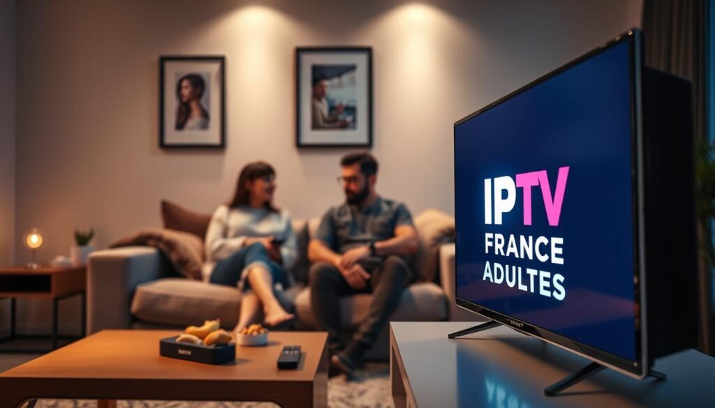 A modern living room scene designed for streaming entertainment, showcasing advanced IPTV technology. In the foreground, a sleek smart TV displays the logo "IPTV FRANCE ADULTES" prominently. The middle ground features a comfortable sofa with plush cushions, where a couple, dressed in modest casual attire, are engrossed in viewing content. Surrounding them are subtle elements of a tech-savvy environment: a streaming device, remote control, and snacks on a stylish coffee table. The background shows a well-decorated wall with framed art and soft lighting creating a warm, inviting atmosphere. Use a slightly elevated angle to capture the scene’s cozy mood while ensuring the focus remains on the streaming quality and modern technology.
