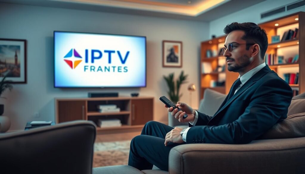 A modern living room setting, designed for an adult audience, featuring a sleek, high-definition television displaying the logo "IPTV FRANCE ADULTES". In the foreground, a well-dressed person in business attire sits comfortably on a stylish sofa, holding a remote control, while appearing thoughtful and discerning. The middle ground includes elegant decor, such as tasteful artwork on the walls and a bookshelf filled with guidebooks and tech gadgets related to IPTV services. The background offers a softly lit ambiance, creating a warm and inviting mood. The lighting is subtle, with a mixture of warm and cool tones, capturing a sophisticated atmosphere. The image composition utilizes a cinematic angle, emphasizing the importance of choosing reliable IPTV services while avoiding scams effectively.