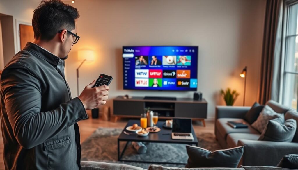 A cozy living room scene showcasing the installation process of TiviMate on a large screen. In the foreground, a user, dressed in smart casual attire, confidently holds a remote control, focused on the TV interface displaying TiviMate's vibrant and user-friendly layout. The middle ground features modern furniture, with a coffee table adorned with snacks and drinks, conveying a relaxed, social atmosphere. The background shows soft glowing lights, enhancing the evening ambiance as sunlight fades outside the window. Subtle details like a laptop nearby suggest a tech-savvy environment. Incorporate elements like the "France IPTV Pro" logo on the screen to emphasize the IPTV subscription service. The overall mood is inviting and tech-oriented, perfect for enjoying IPTV entertainment.