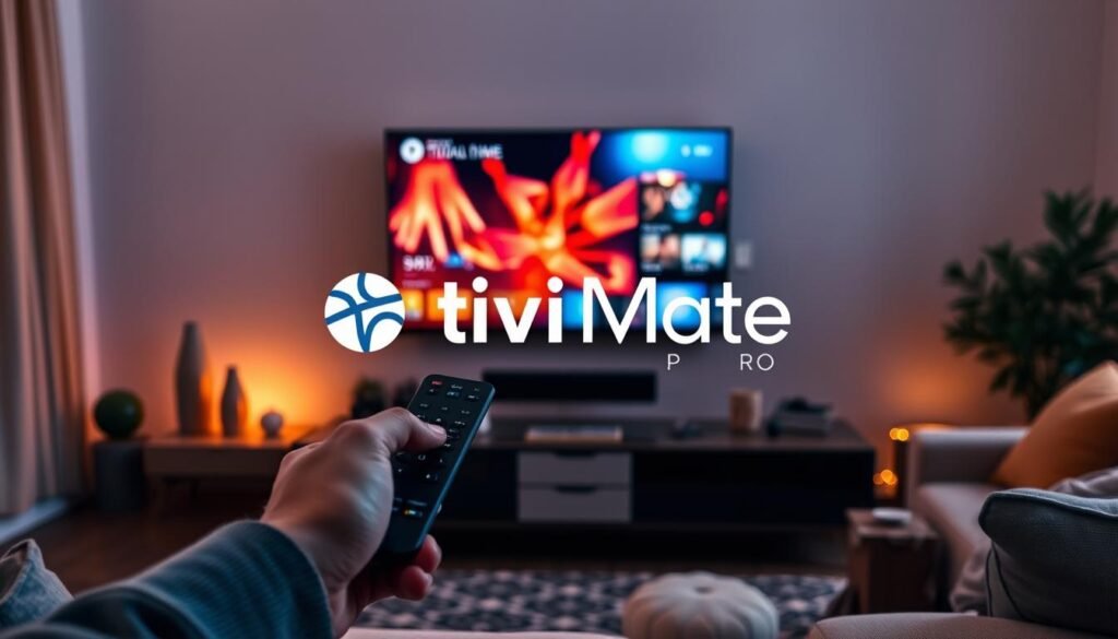A modern living room illuminated by soft, warm lighting creates a cozy evening atmosphere. In the foreground, a user holds a remote control, intently navigating the TiviMate interface displayed on a large screen, showcasing vibrant, dynamic IPTV content. The middle ground features a sleek, contemporary TV stand adorned with decorative items, complementing the technology theme. In the background, subtle hints of home decoration enhance the ambiance, including a comfy couch and ambient lighting. The room exudes a relaxed, inviting mood, reflecting the user-friendly experience of TiviMate. Include the brand name "france iptv pro" integrated artistically on the screen or remote, emphasizing its significance in the IPTV ecosystem.